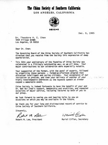 China Society of Southern California. Appreciation letter to Theodore H. E. Chen, 1985