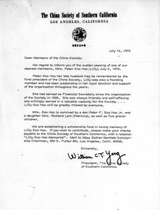 China Society of Southern California. Letter to members announcing Lilly Soo Hoo's death