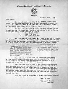 China Society of Southern California. Letter to members with proposed amendments to Constitution and By-Laws, 1936