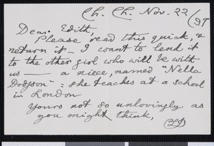 Lewis Carroll, card, 1897-11-22, to Edith