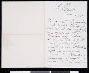 Lewis Carroll, letter, 1891-11-09, to Anne Symonds