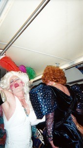 Two drag queens on bus for Indianapolis Bag Ladies AIDS fundrais