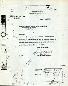 Federal Bureau of Investigation. Correspondence regarding Japanese espionage, 1940s