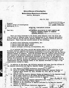 Federal Bureau of Investigation. File on Japanese Association of North America and Seattle Japanese Chamber of Commerce, 1941-1942