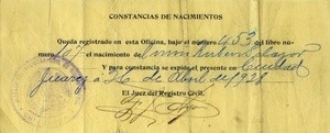 Ruben Salazar's birth certificate, Ciudad Juarez, Mexico, 1928