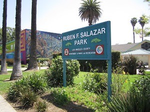 Entrance to park dedicated to Ruben Salazar, Los Angeles, CA, 1970