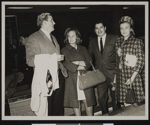 Ruben Salazar and wife Sally greet Chandlers at Mexico City Airport, Mexico City, ca. 1968