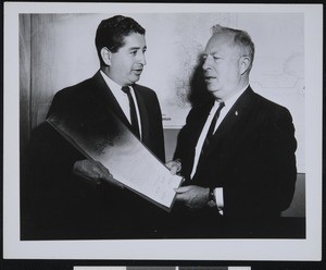 Ruben Salazar and Ernest E. Debs, Los Angeles Board of Supervisors, Los Angeles, CA, ca. 1963