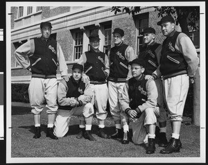 University of Southern California 1951 football coaching staff, in letter jackets, USC campus, 1951