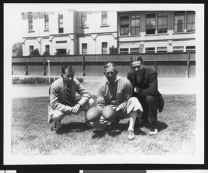 University of Southern California football coach Howard Jones with Al Wesson and Henry Bruce, Bovard Field, mid 1930s