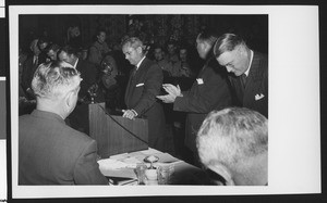 University of Southern California head football coach Jess Hill has just finished speaking to a large crowd at a lunch celebrating his appointment to head football coach, Los Angeles, 1951