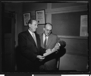 Los Angeles Times sports editor Braven Dyer with University of Southern California Athletic News Director Tom Lawless, USC campus, 1951