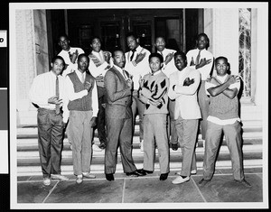 Group of African-American students at the Doheny Memorial Library main entrance