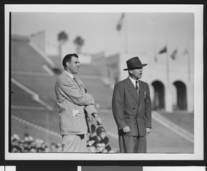 University of Southern California head football coach Jess Hill (right) yelling at a football pre-game practice at the Los Angeles Memorial Coliseum, 1951