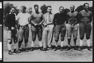 University of Southern California football coaching staff for the 1928 season, USC campus, 1928