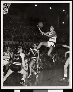 Court-side view of a University of Southern California basketball game, USC