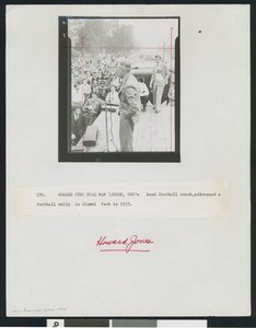 University of Southern California football coach Howard Jones addresses a football rally in Alumni Park, Los Angeles, 1933