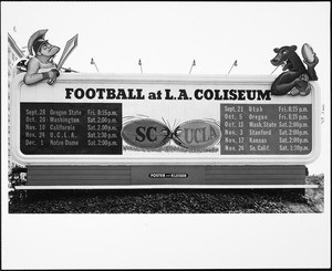 "Football at L.A. Coliseum" score board, USC, 1956