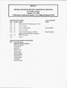 Physics Division Review Committee Meeting, Pre-Meeting Activities, January 22, 2001. Draft