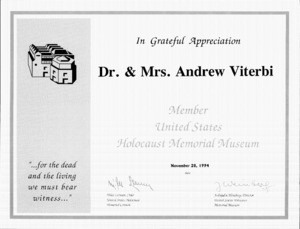 Dr. and Mrs. Andrew Viterbi, Certificate, In Grateful Appreciation, November 28, 1994