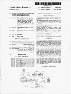 System and Method for Generating Signal Waveforms in a CDMA Cellular Telephone System, April 7, 1992, Patent Number 5,103,459