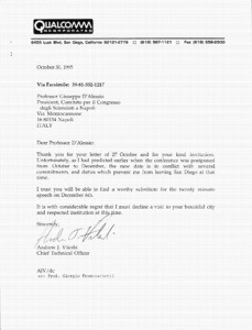Letter, Giuseppe D'Alessio to Andrew J. Viterbi, October 27, 1995
