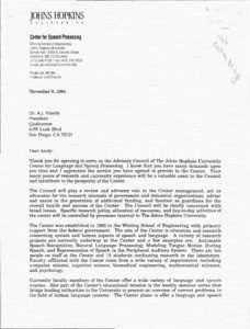 Letter, Frederick Jelinek to A.J. Viterbi, November 9, 1994