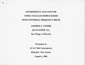 Andrew J. Viterbi, "Interference Analysis for CDMA Cellular Mobile Radio with Universal Frequency Reuse," August 1, 1990
