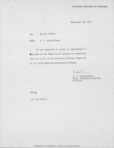 Memo, A.V. Balakrishnan to Andrew Viterbi, September 28, 1964