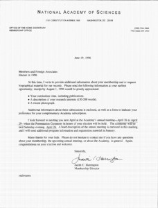 Letter, Judith C. Harrington to Members and Foreign Associates Elected in 1996, June 19, 1996