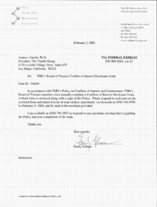 Memorandum, Douglas Bingham to Members of the Board of Trustees, The Scripps Research Institute, July 28, 2003