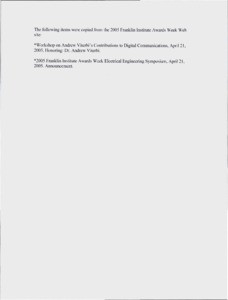 Workshop on Andrew Viterbi's Contributions to Digital Communications, Honoring Dr. Andrew Viterbi, April 21, 2005. Program