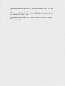 2005 Franklin Institute Awards Week Electrical Engineering Symposium, April 21, 2005. Announcement