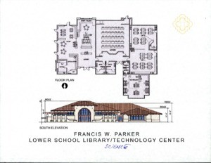 Francis W. Parker Lower School Library/Technology Center. (floor plan and building front)