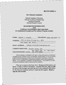 Background Information and Conflict of Interest Declaration for Institutional Oversight and Non-Advisory Program Activities, BI/COI Form A, May 18, 2006