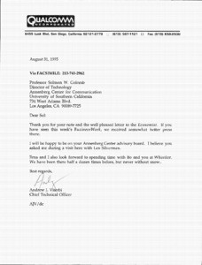 Note, Helen Mann to Solomon Golomb, August 13, 1995