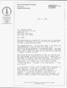Letter, Asa Briggs to Marconi Centenary Symposium, January 9, 1995
