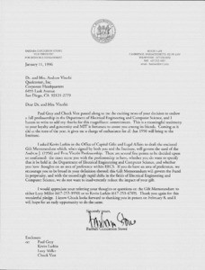 Letter, Barbara Gunderson Stowe to Dr. and Mrs. Andrew Viterbi, January 11, 1996