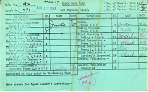 WPA block face card for household census of Castelar, Alpine, Broadway, Ord Streets, in Los Angeles