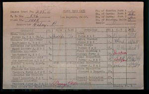 WPA block face card for household census (block 1405) of 84th Place, Central, Wadsworth, 85th Streets in Los Angeles