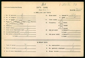 WPA Low income housing area survey data card 30, serial 7344