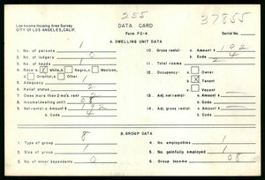 WPA Low income housing area survey data card 255, serial 37855