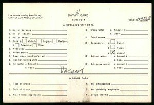 WPA Low income housing area survey data card 192, serial 27568, vacant