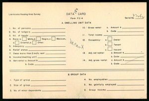 WPA Low income housing area survey data card 184, serial 27262, vacant