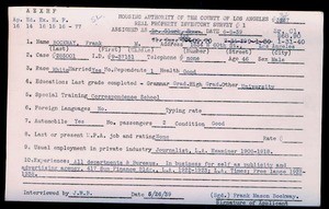 WPA household census employee document for Frank M. Bockway, Los Angeles