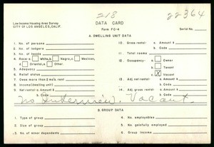 WPA Low income housing area survey data card 218, serial 22364, vacant