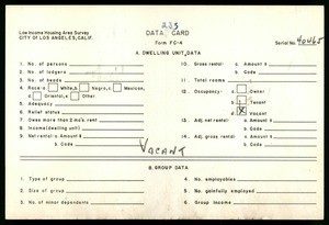 WPA Low income housing area survey data card 233, serial 40465, vacant
