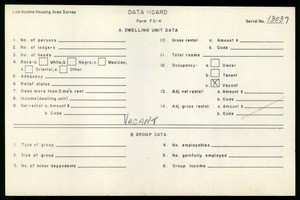 WPA Low income housing area survey data card 118, serial 13039, vacant