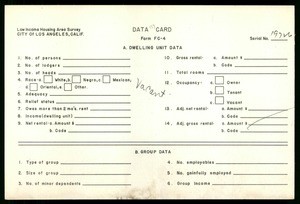 WPA Low income housing area survey data card 133, serial 19726, vacant