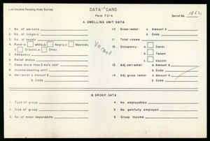 WPA Low income housing area survey data card 126, serial 18631, vacant